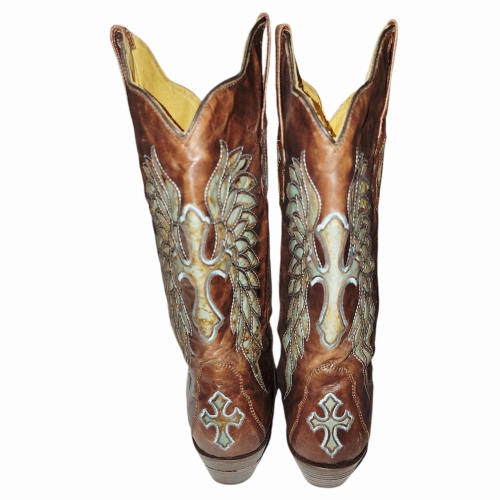 Rock & Soul Women's Cowboy Boots Size 9 Brown Leather Cross Wings Mexico - Picture 2 of 9